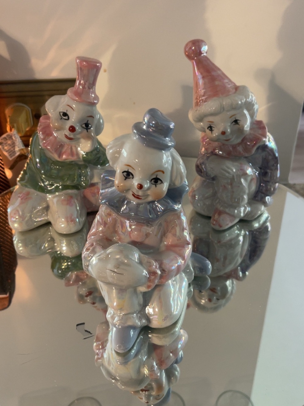 3 - Porcelain Pastel Clown Figurines - Pink, Blue, Green
